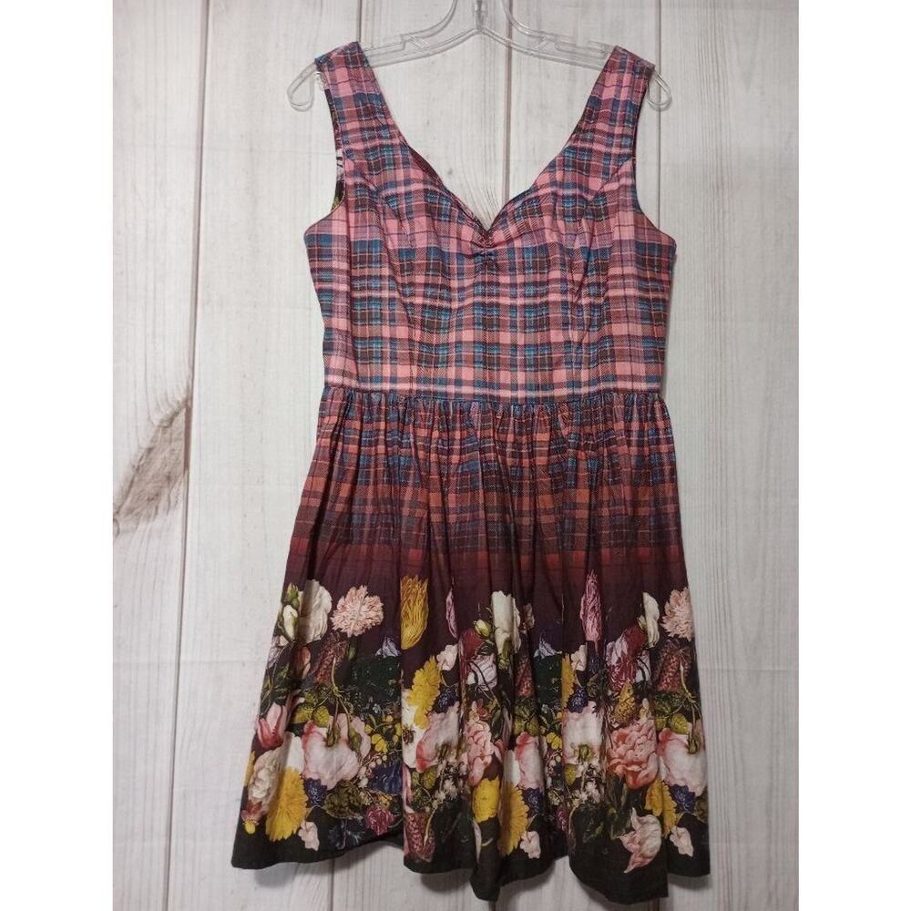 Hell Bunny Vixen Plaid Floral Fit Flare Dress Pink Blue Cotton Rockabilly M